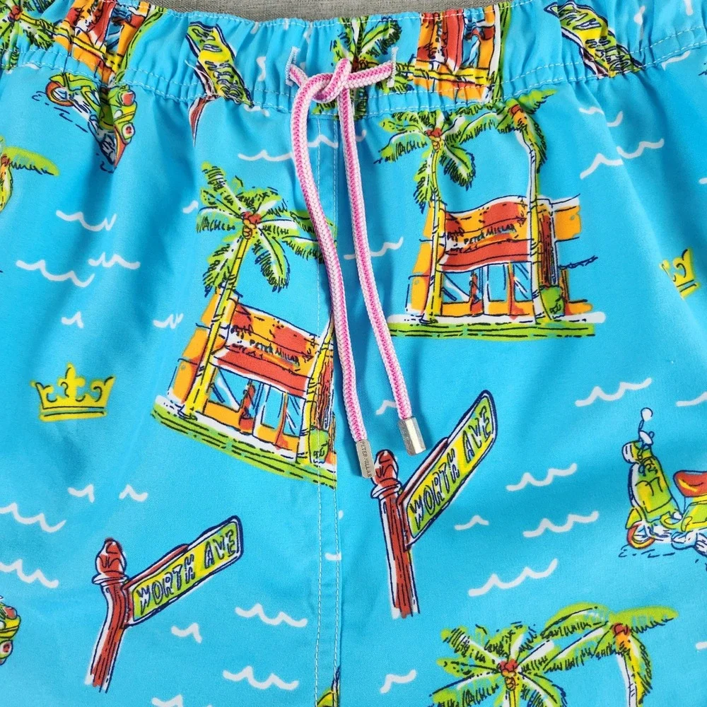Peter Millar Mens XL Worth Ave Palm Beach Swim Trunks Blue Scooter Print Shorts